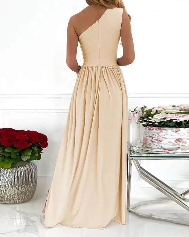 Women's one shoulder maxi dress with high split and cutout detail in soft flowy fabric