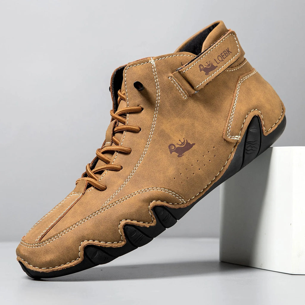 Men's brown high-top Martin boots with microfiber upper and rubber sole on flat heel