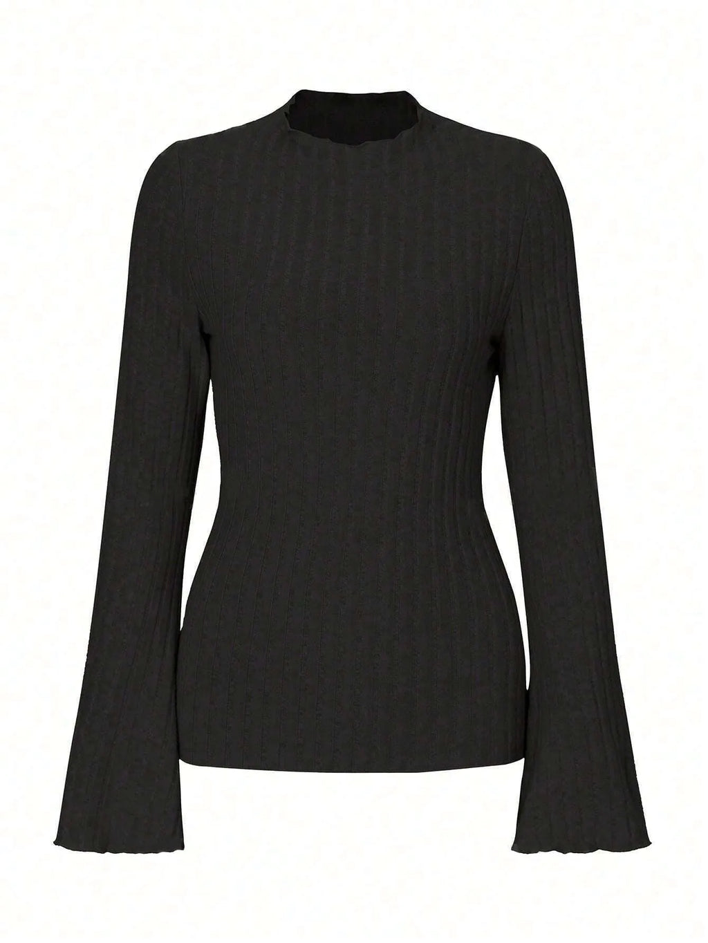 Black slim fit long sleeve top with lantern sleeves and a round neckline on a mannequin.