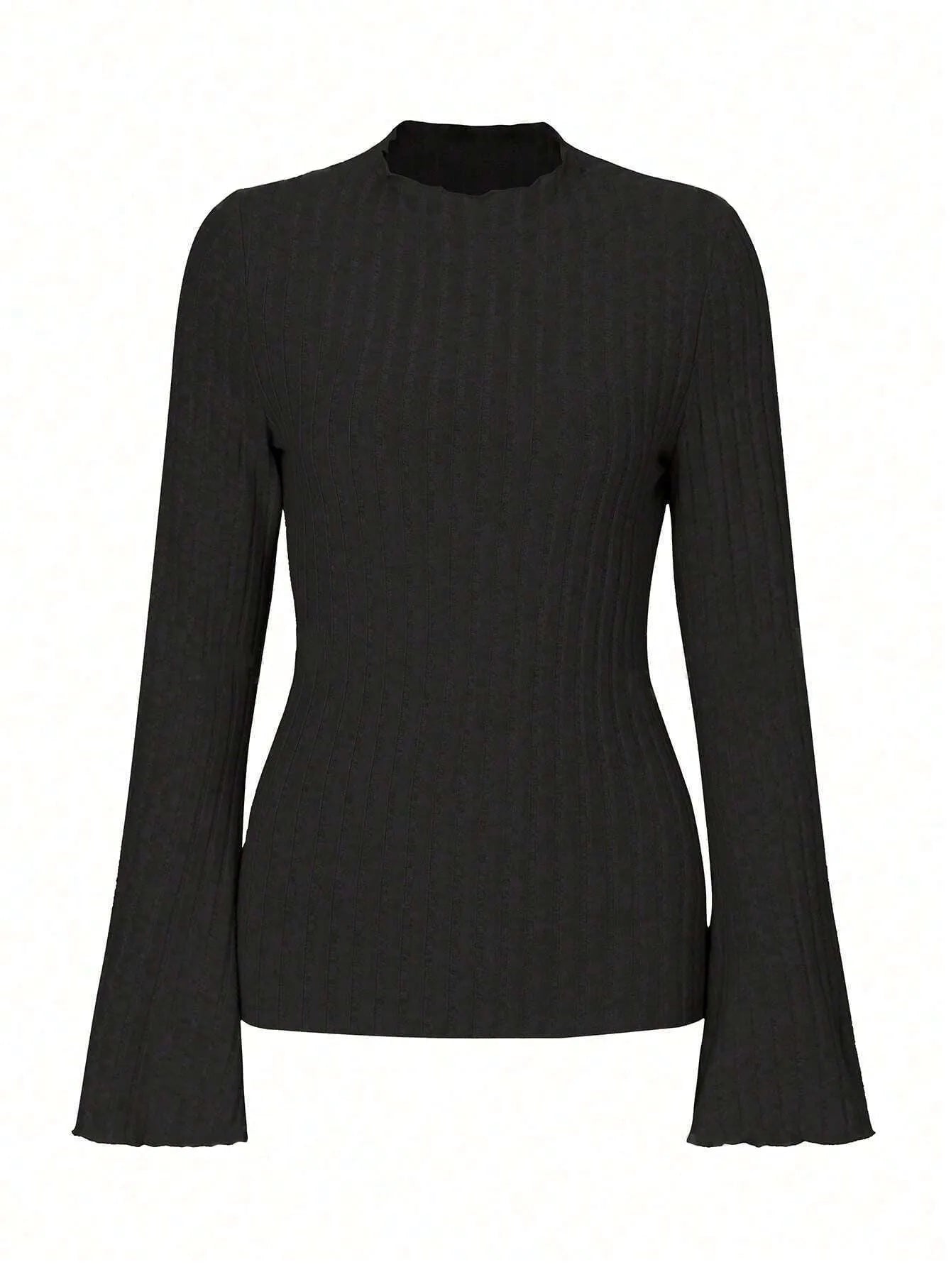 Black slim fit long sleeve top with lantern sleeves and a round neckline on a mannequin.