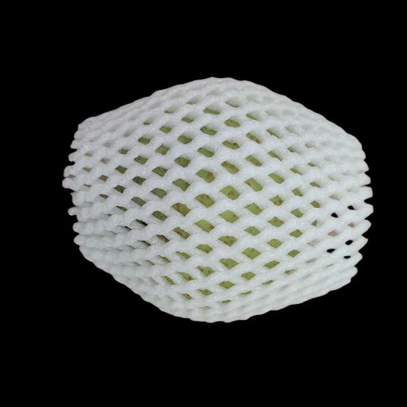 White foam protective net sleeve for fruit and delicate items, shown in multiple sizes.