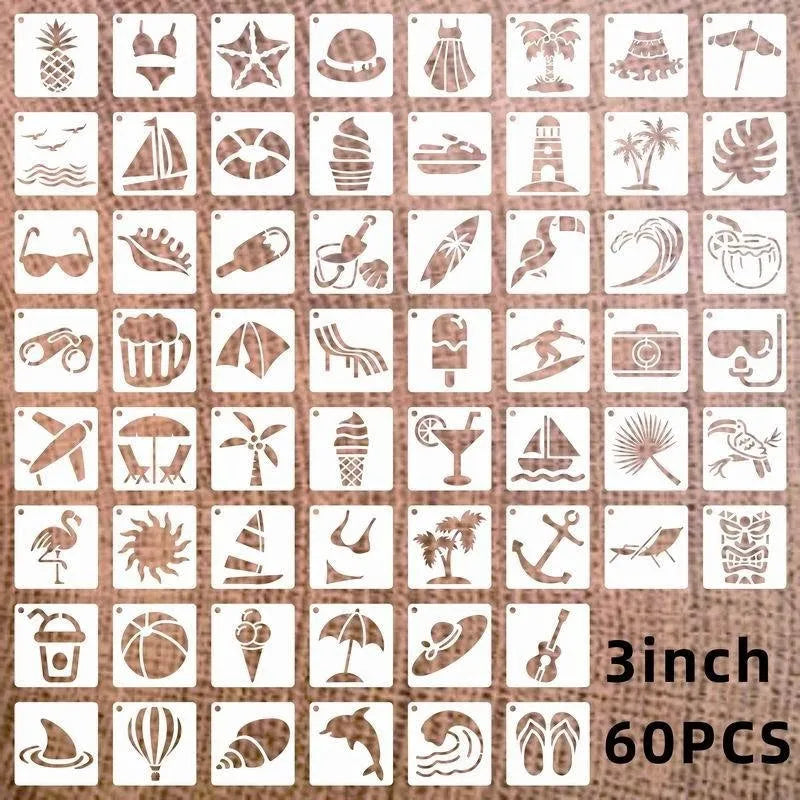 Milky white PET film spray painting stencils showing flower, animal, Hawaiian, and letter designs at 2-inch size