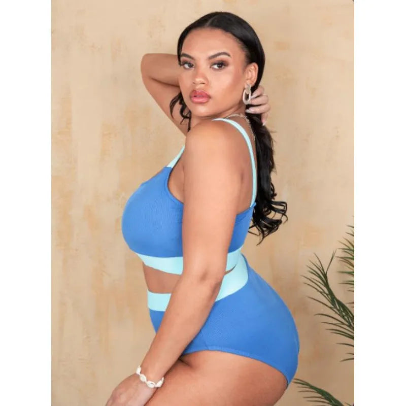Women's pure colour high-waisted bikini set with stitching detailing on polyester fabric