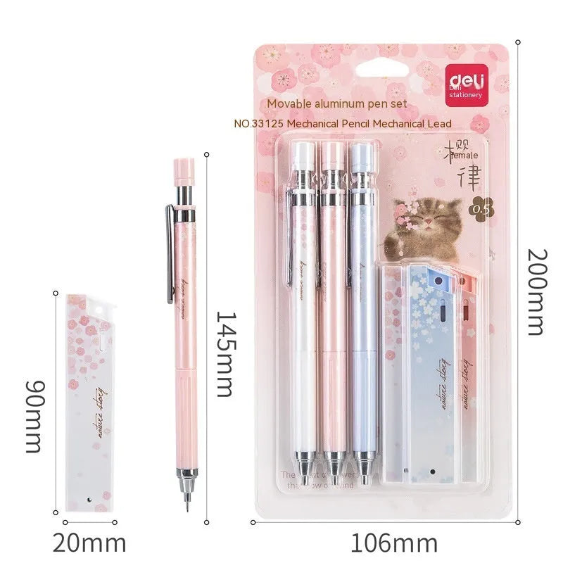 Cartoon automatic pencil set with three pens and HB refill boxes in Sakura law design