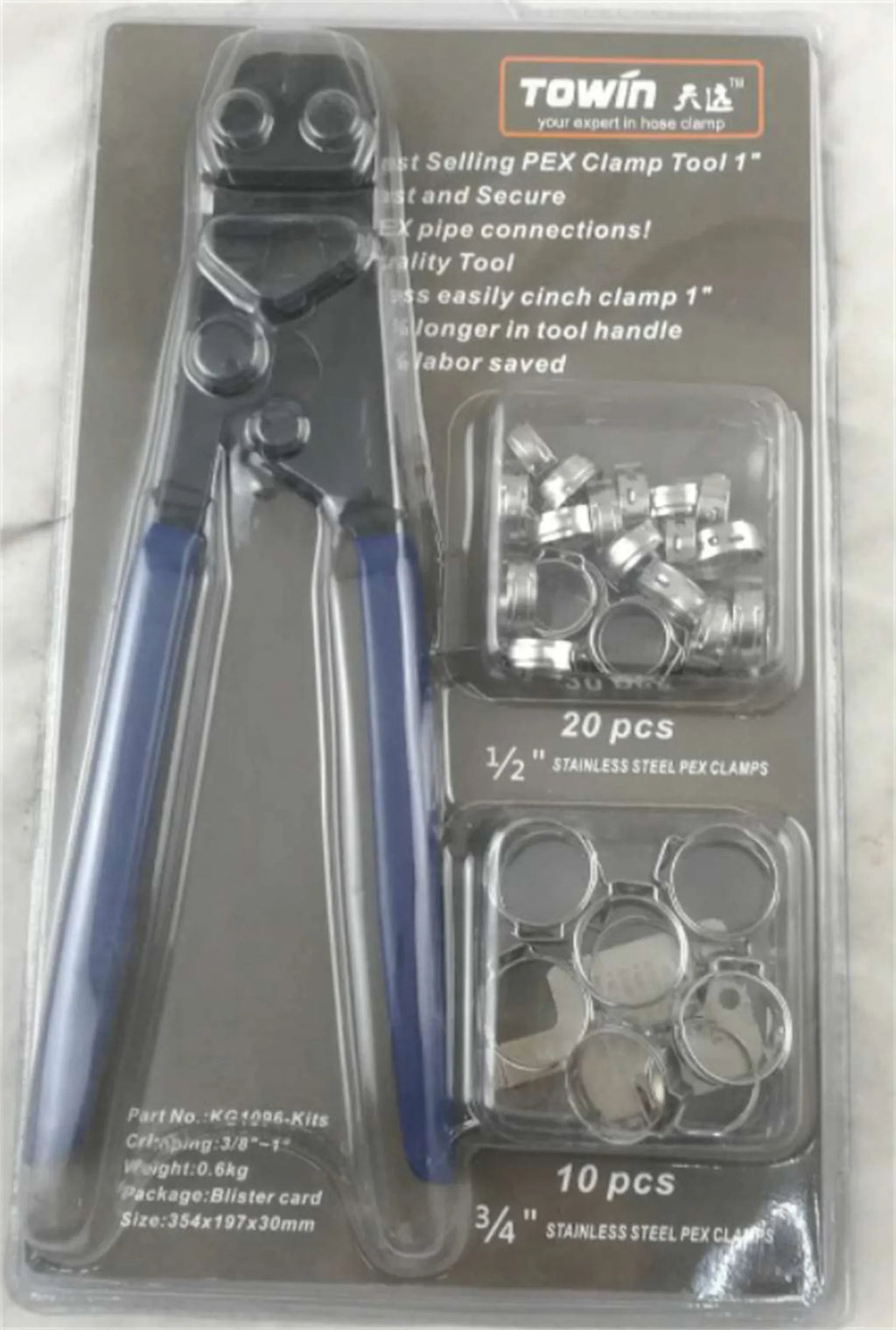 Red cloth single-ear PEX clamp made of metal with a carbon steel cutting edge.