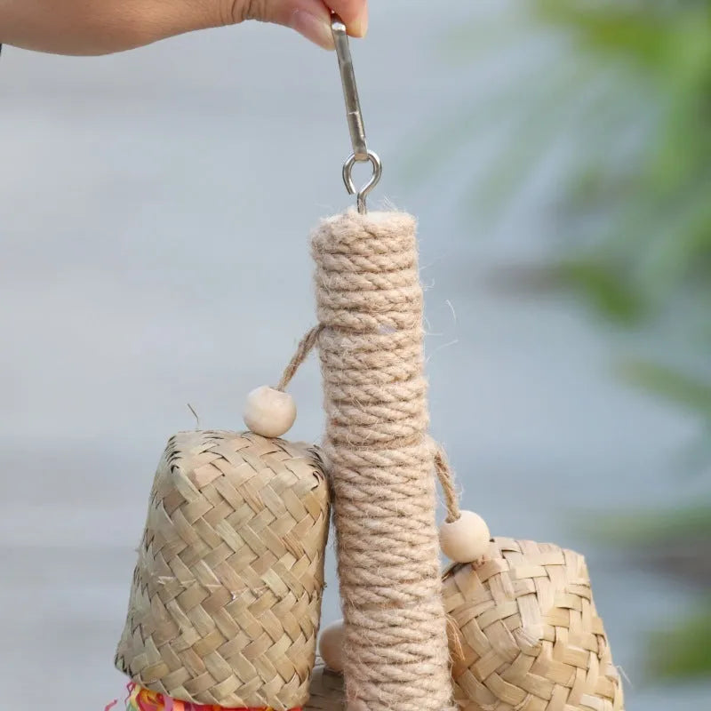 Wood and sisal shredded paper bird toy for parrots with colourful paper strips