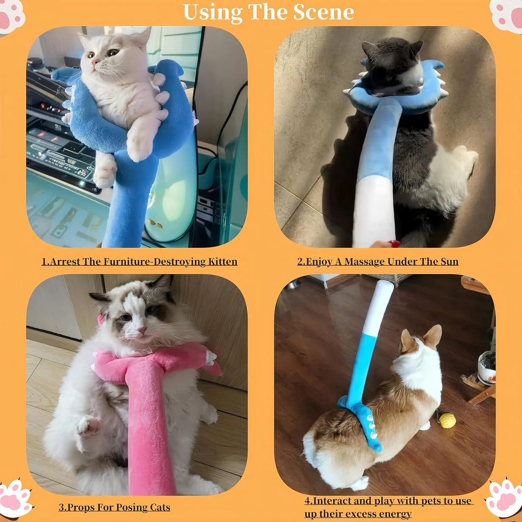 Blue plush cat wand toy with 70cm length showing soft exterior and foam-filled head section