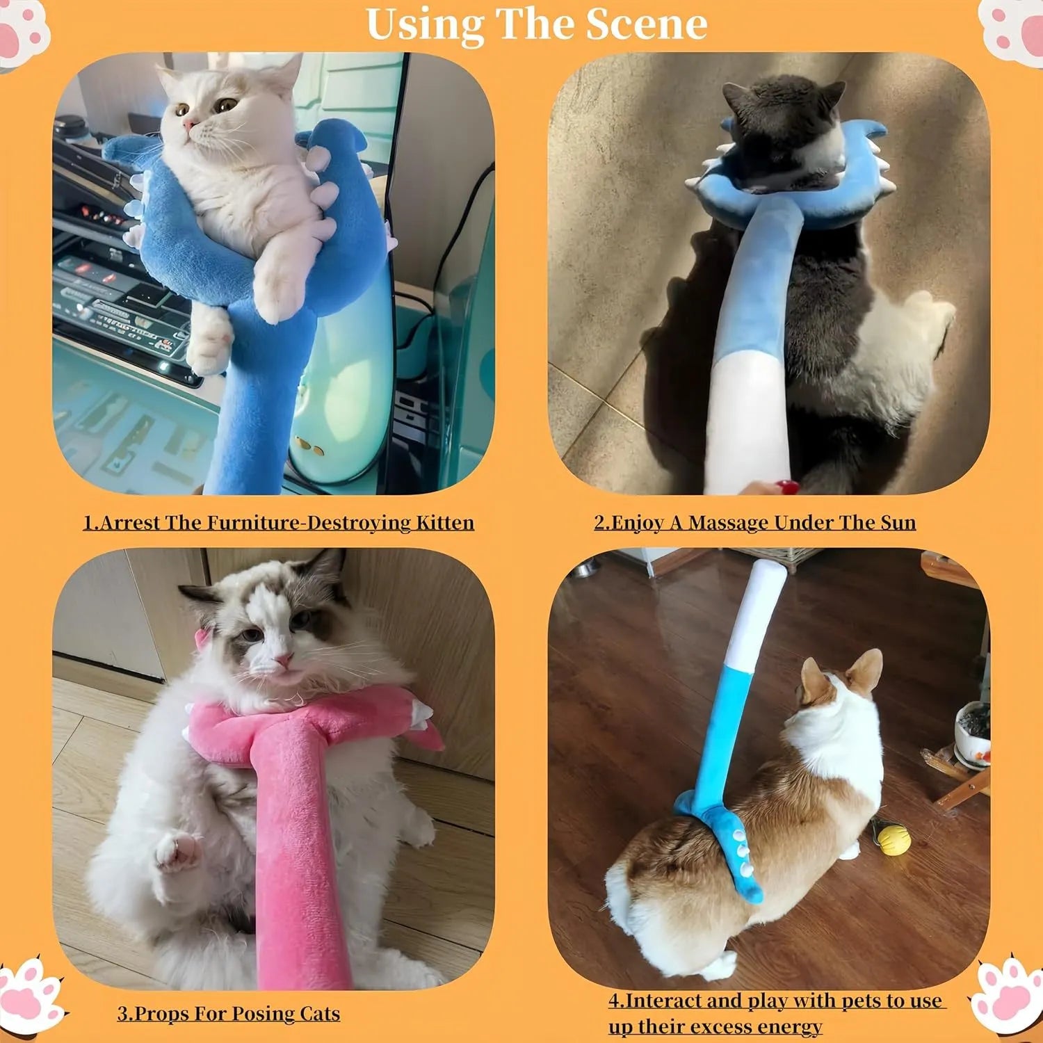 Blue plush cat wand toy with 70cm length showing soft exterior and foam-filled head section