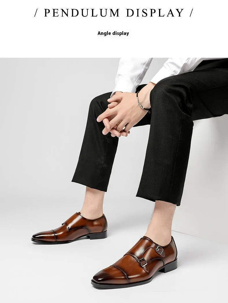 Men's black and light brown leather shoes with square toe and low top design for business wear