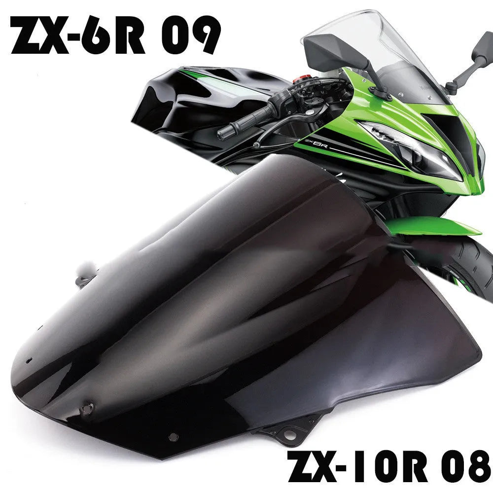 Replacement motorcycle windscreen for Kawasaki ZX-6R and ZX-10R models in blue and brown tint options.