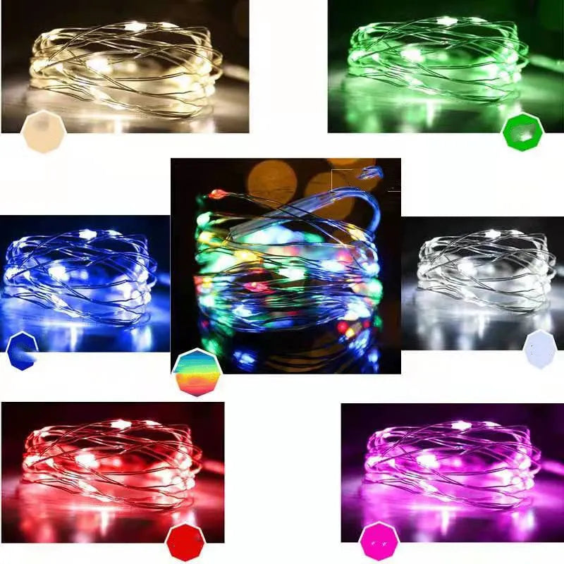 12-metre long copper wire LED string lights with 120 bulbs, shown in one of nine available colours.