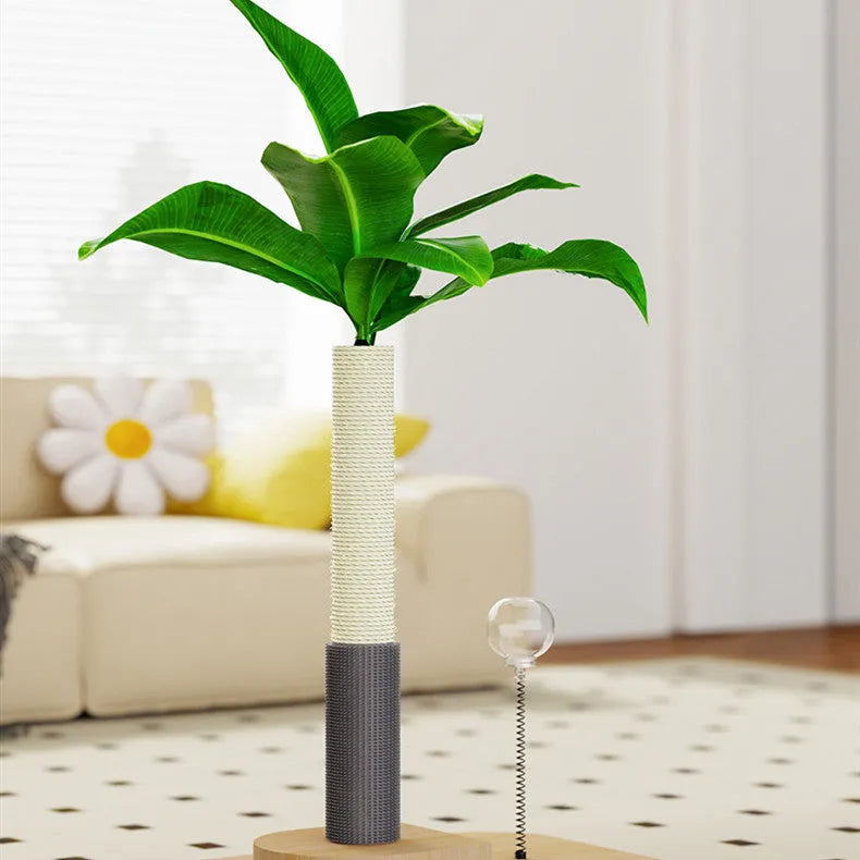 Tall canna-coloured wooden cat scratching post with a food drop ball attached.