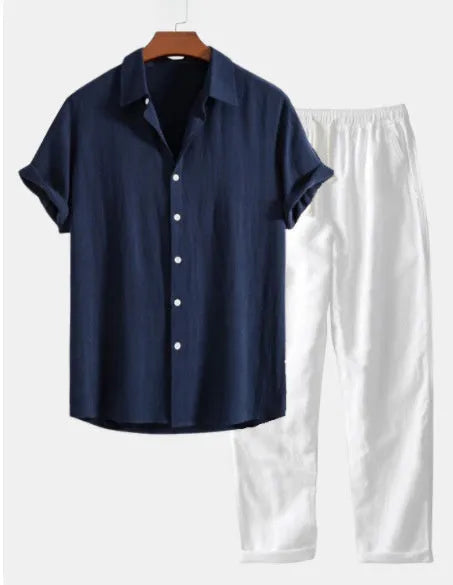 Casual cotton linen blend short sleeve shirt and shorts suit in multiple colours for summer beach wear