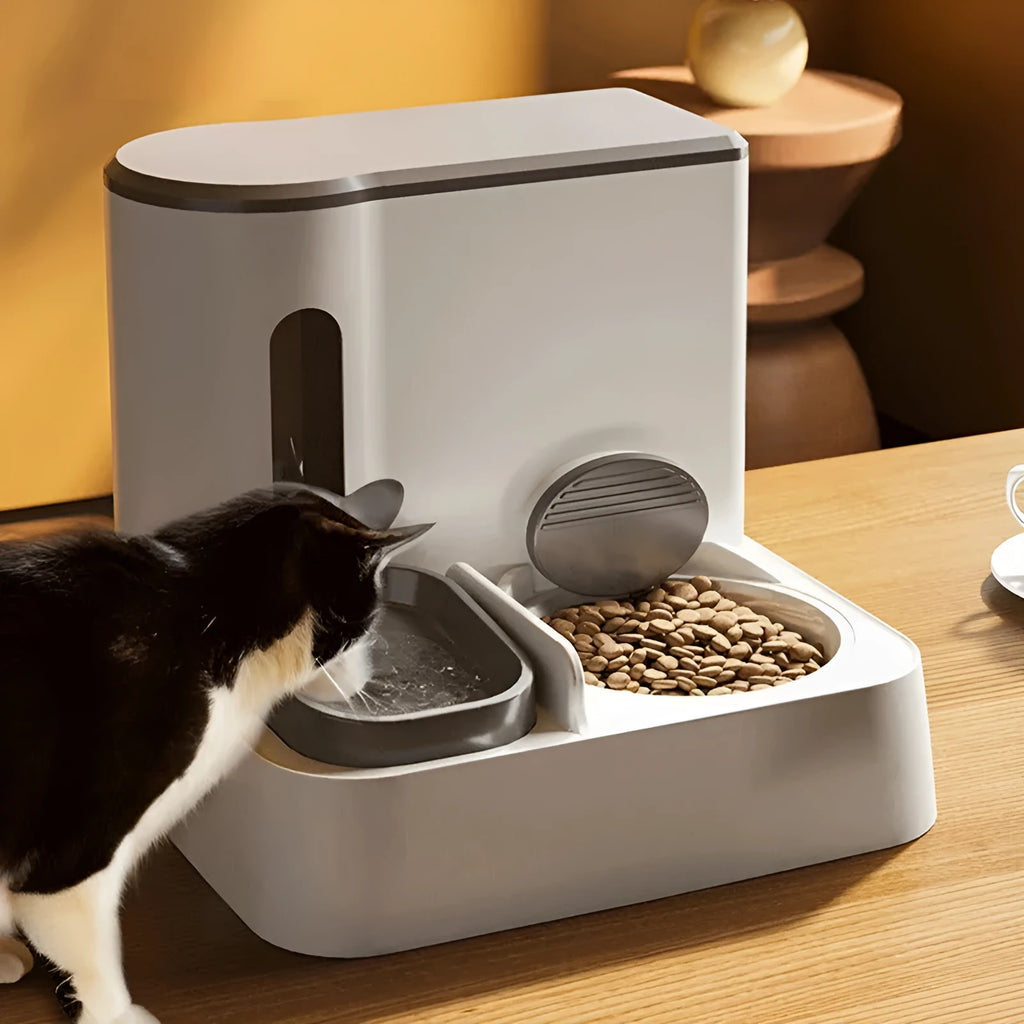 Automatic cat feeder water dispenser with double bowl system and electric circulating water pump in grey colour