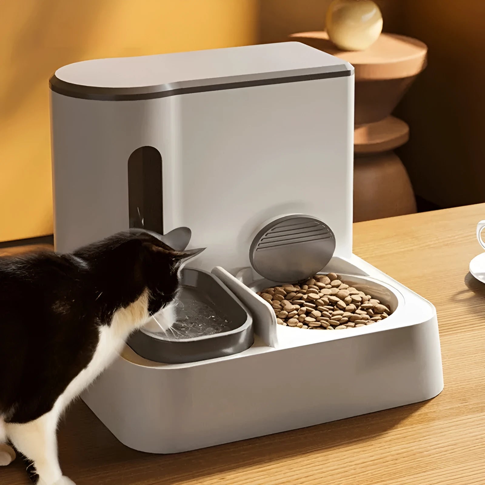 Automatic cat feeder water dispenser with double bowl system and electric circulating water pump in grey colour