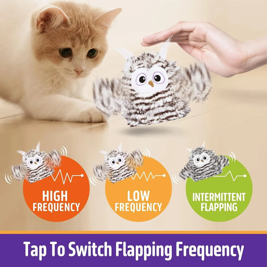 Grey automatic chirping owl cat toy with flapping wings for indoor cats