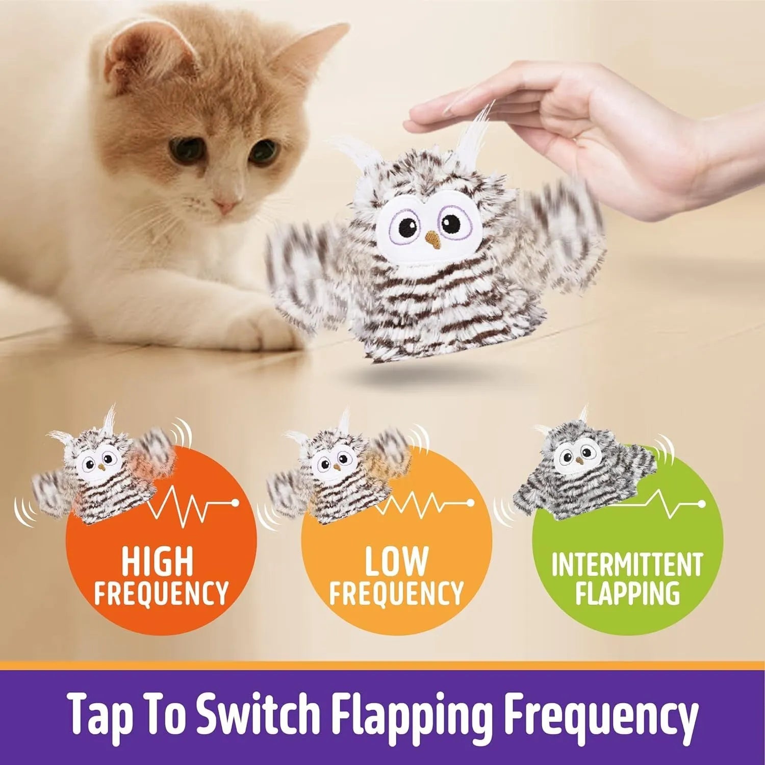 Grey automatic chirping owl cat toy with flapping wings for indoor cats