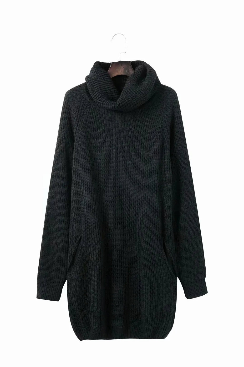 A yellow acrylic fibre pullover sweater with a lapel neckline, side pockets, and a mid-length slimming fit.