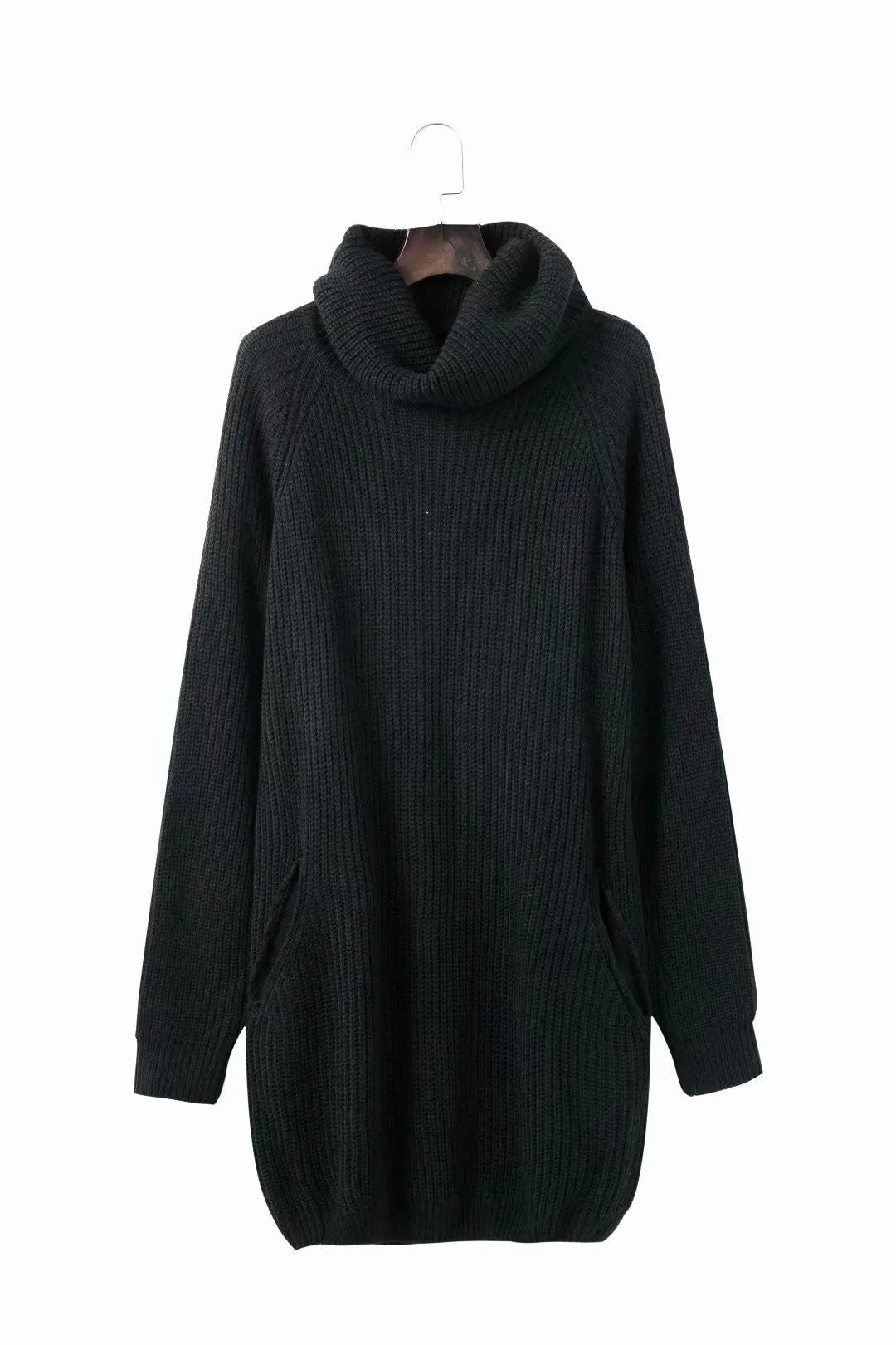 A yellow acrylic fibre pullover sweater with a lapel neckline, side pockets, and a mid-length slimming fit.