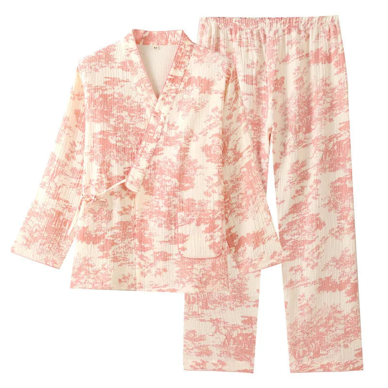 Women's pure cotton gauze two-piece suit with lace-up detailing in frosted pine trees colour