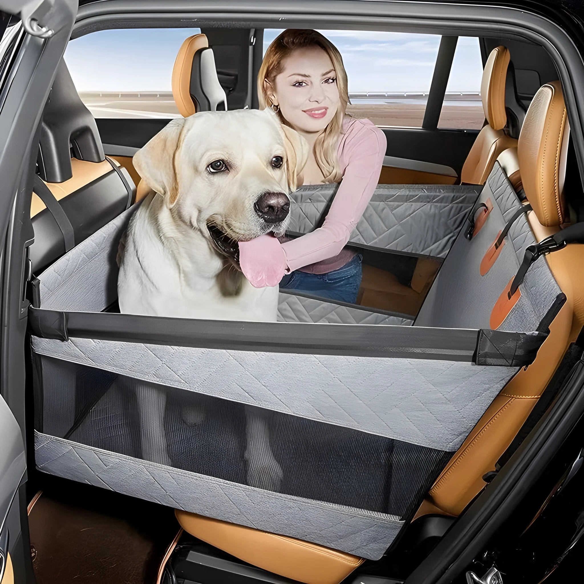 Grey waterproof cloth dog bed measuring 56cm with raised cushion design for indoor floor use