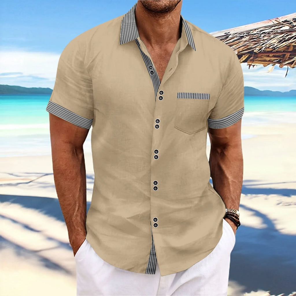 Slim fit striped short sleeve casual shirt in pure cotton with double button front