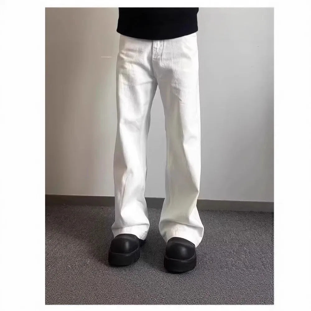 Men's white straight leg cotton denim jeans with mid waist and non-ironing finish