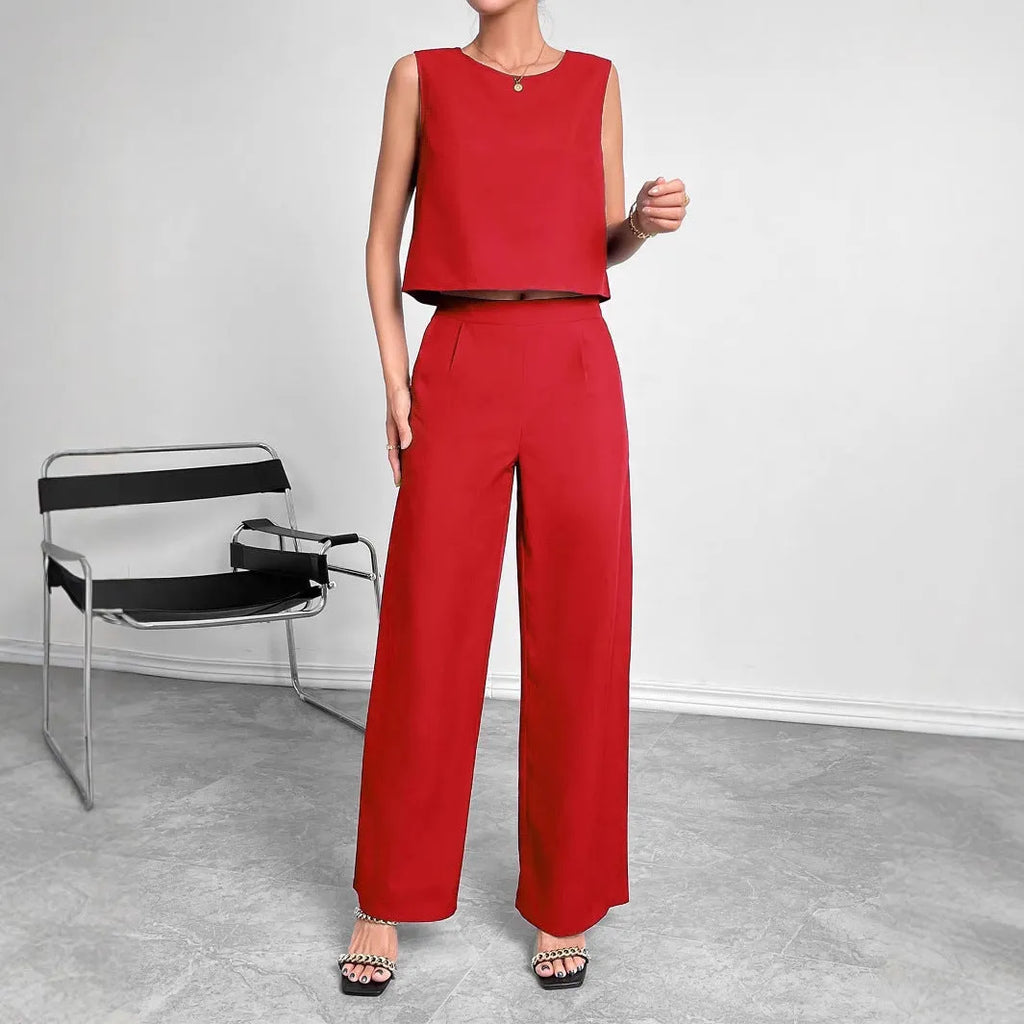 Red sleeveless top and wide leg trousers two-piece set on hanger