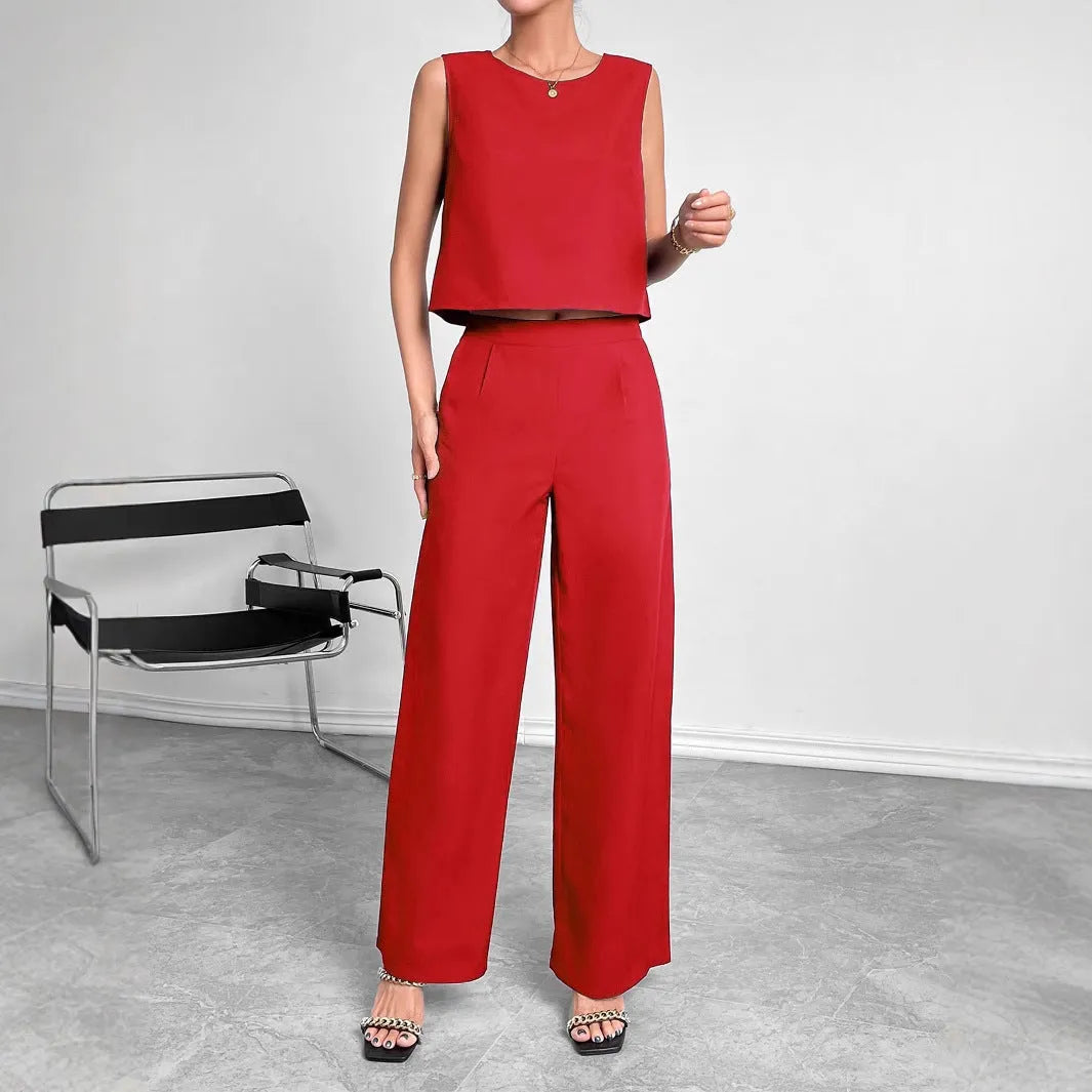 Red sleeveless top and wide leg trousers two-piece set on hanger