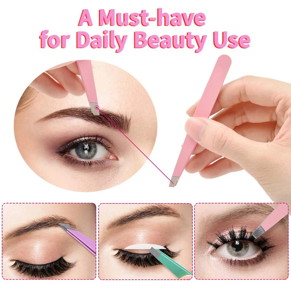 6-piece stainless steel eyebrow tweezers set with scissors, brush, and leather protective case