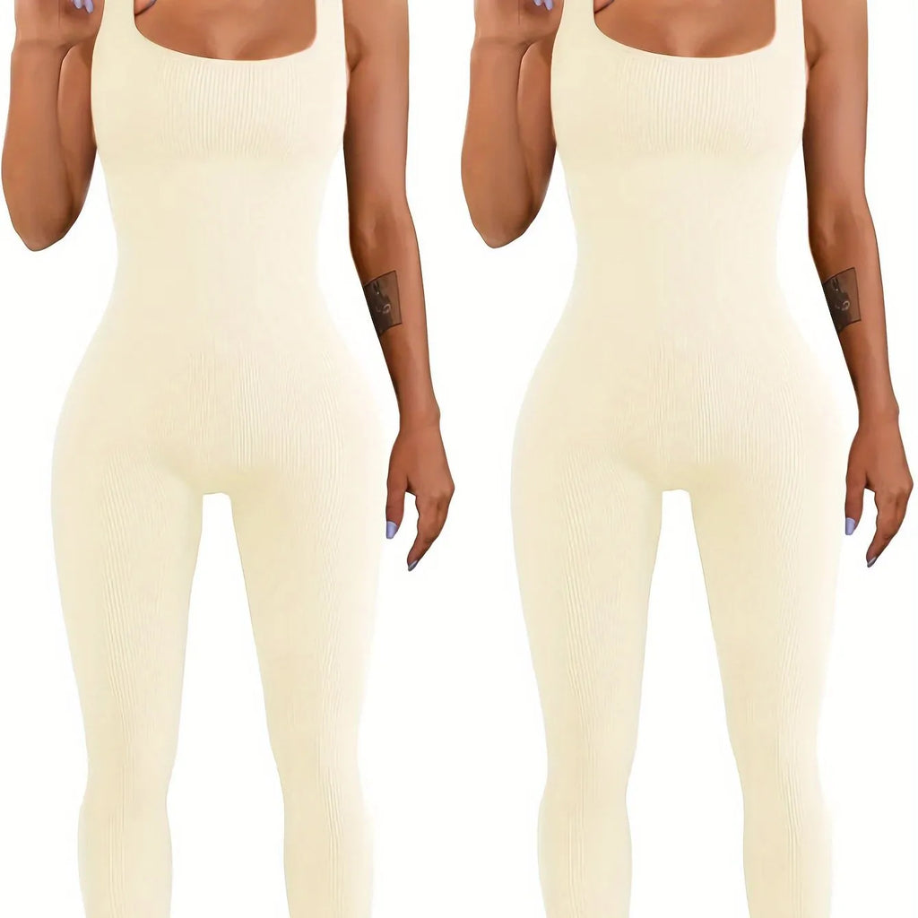 Women's beige spandex suspender tank top tights with long sleeves and button detailing