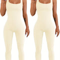 Women's beige spandex suspender tank top tights with long sleeves and button detailing
