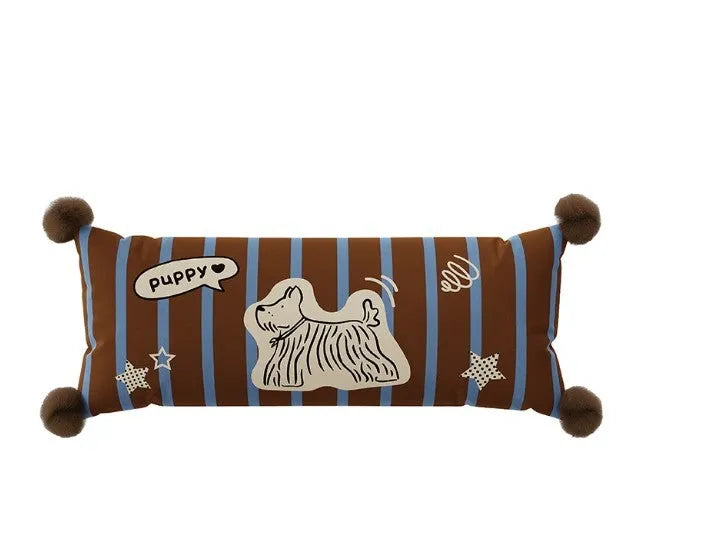 Blue cartoon animal print cushion pillow with removable cover on a grey sofa.