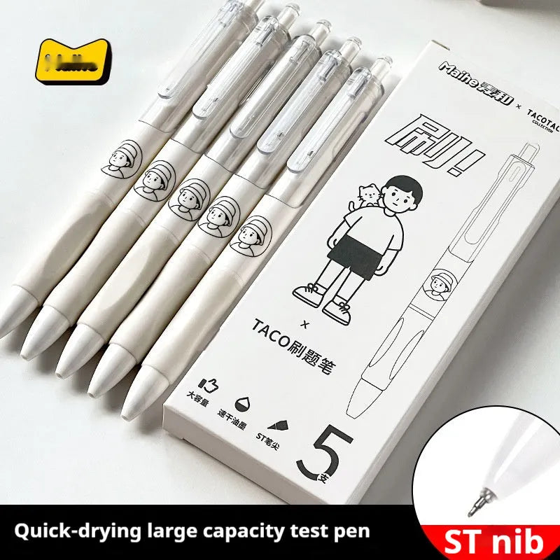 Five plastic ballpoint pens with 0.5mm tips and black ink for student writing
