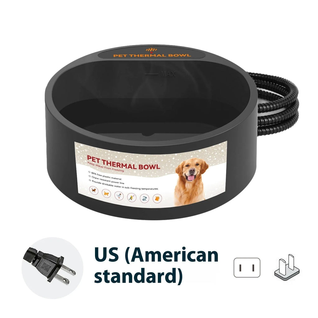 Black ABS pet heating bowl with 2.2L capacity and constant temperature 35W heating element