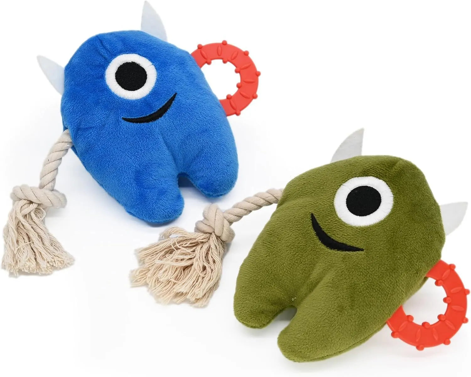 Blue and green stuffed plush dog toy with integrated cotton rope and squeaker for chew and tug play.