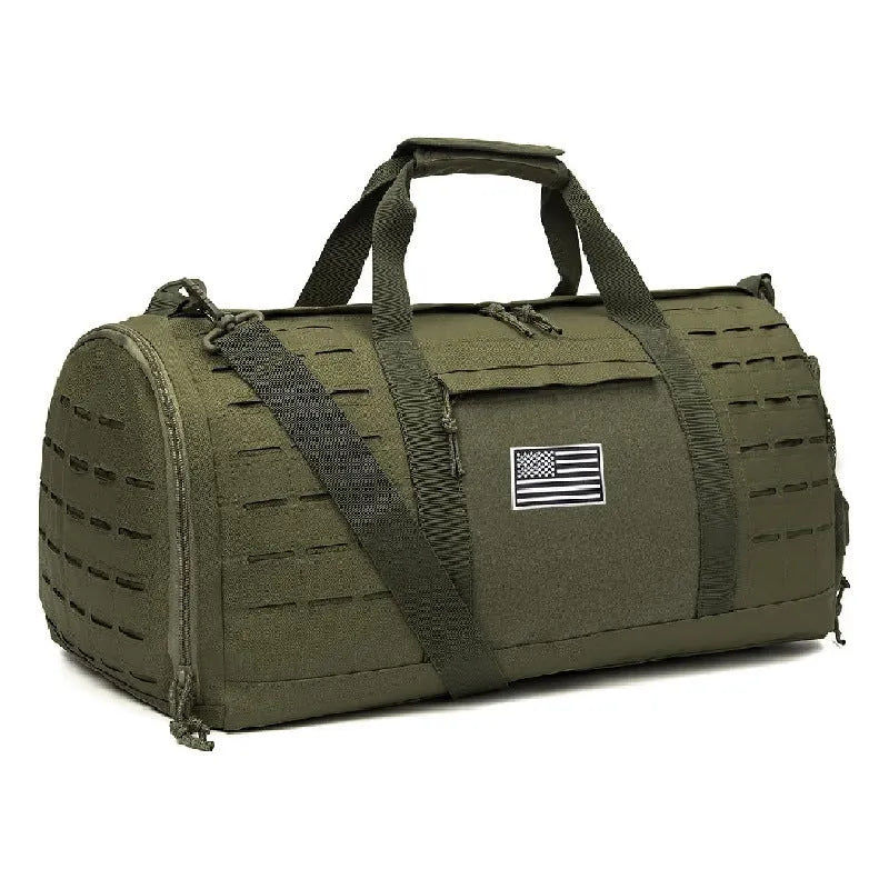 Men's khaki Oxford cloth sports handbag with air-pillow shoulder strap showing waterproof storage capacity
