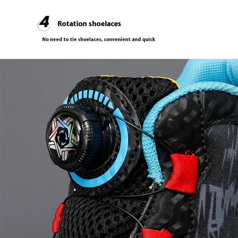 Children's rotating button basketball running shoes in multiple colours on a white background.