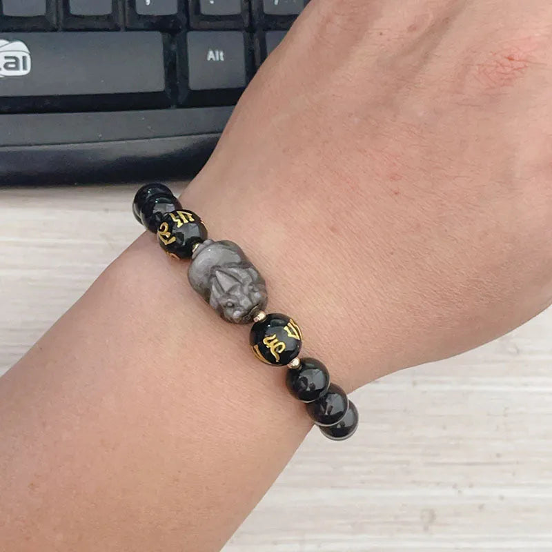 Men's Silverstone bracelet with beads and engraved Chinese proverbs, shown in silver colour.