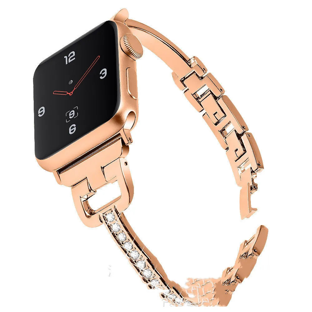 D-shaped metal diamond strap for Apple Watch in multiple colours on a grey background.
