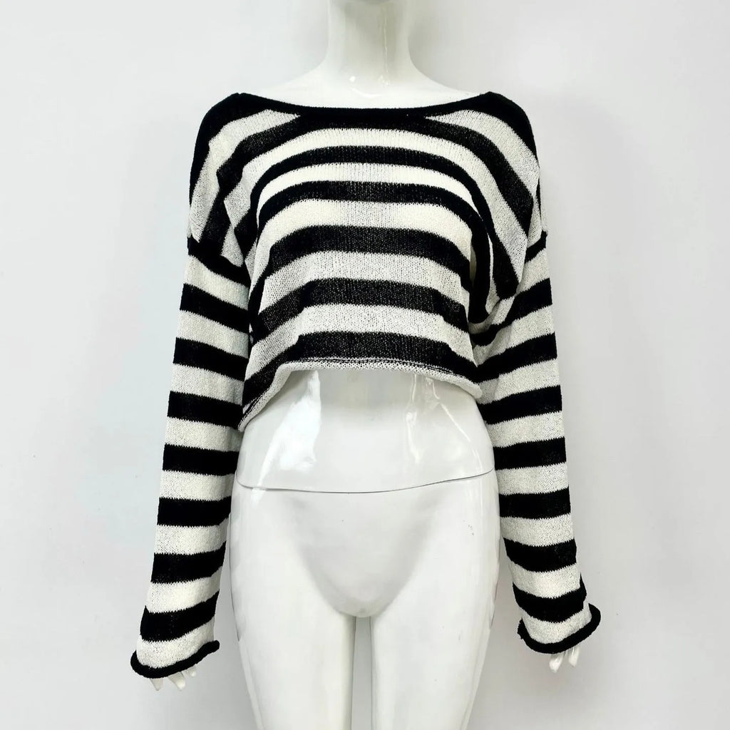 Striped long-sleeved pullover sweater in mercerised cotton, shown in multiple colours with front-and-back wearable design
