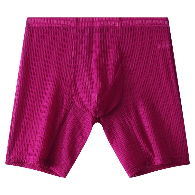 Men's transparent lace boxer shorts in a lengthened design, shown on a mid waist, in one of five available colours.