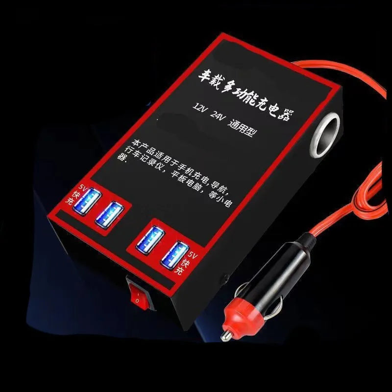 Black automotive power converter for 12V 24V to 220V conversion with USB charging ports