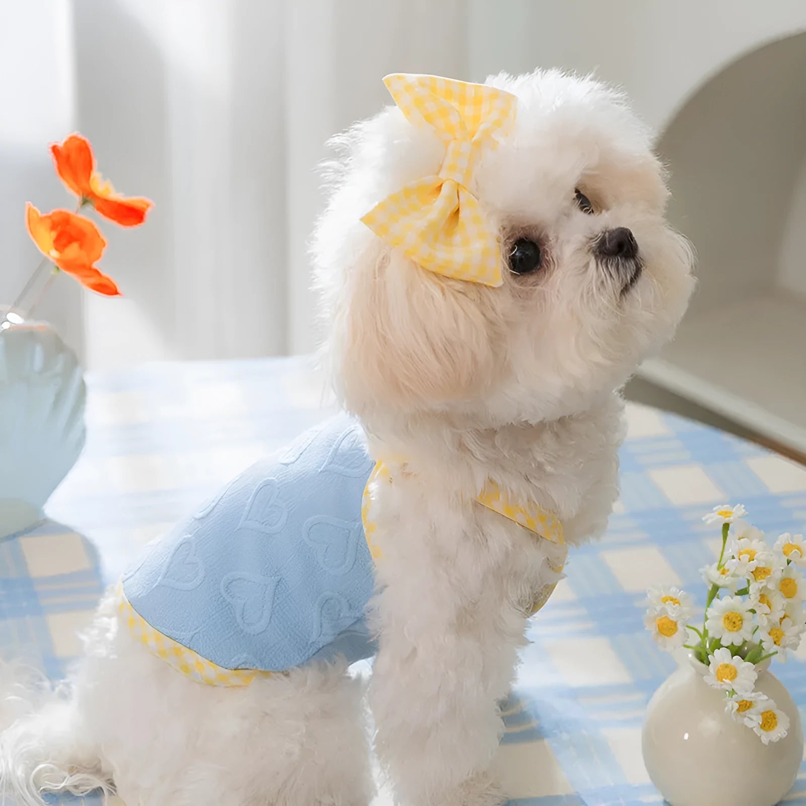 Small dog vest with heart texture and bow suspenders in elastic fabric for dogs 0.50kg to 10.00kg