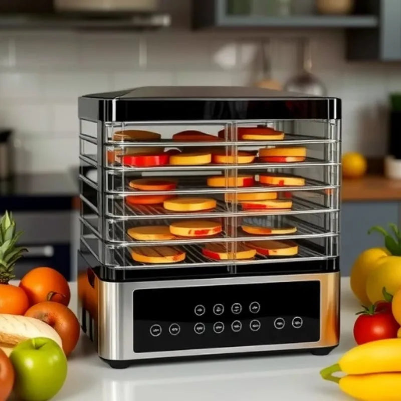 Silver stainless steel fruit dehydrator food dryer with 14 litre capacity and temperature control