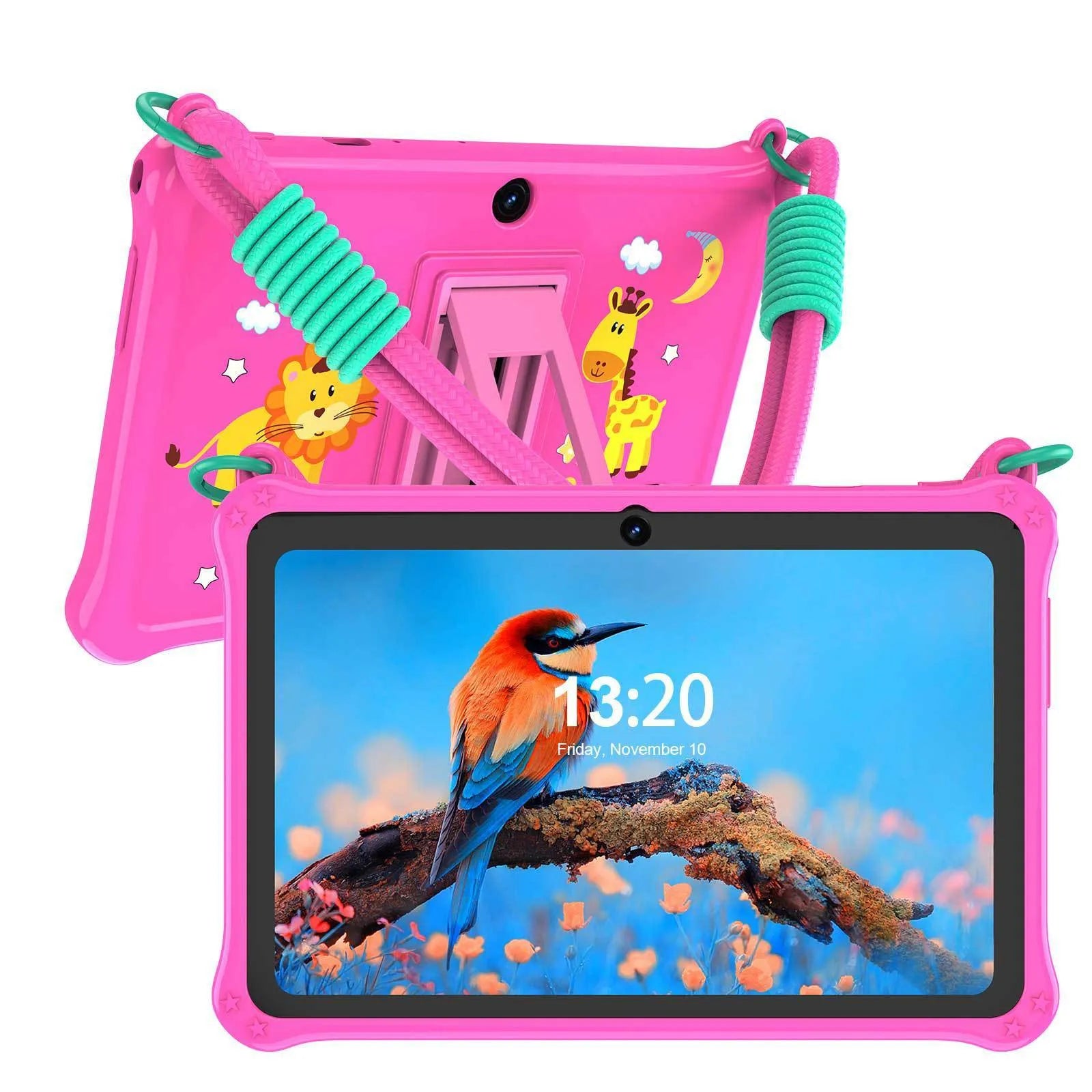 Blue silicone protective case with strap for a 7-inch children's tablet, shown alongside accessories.