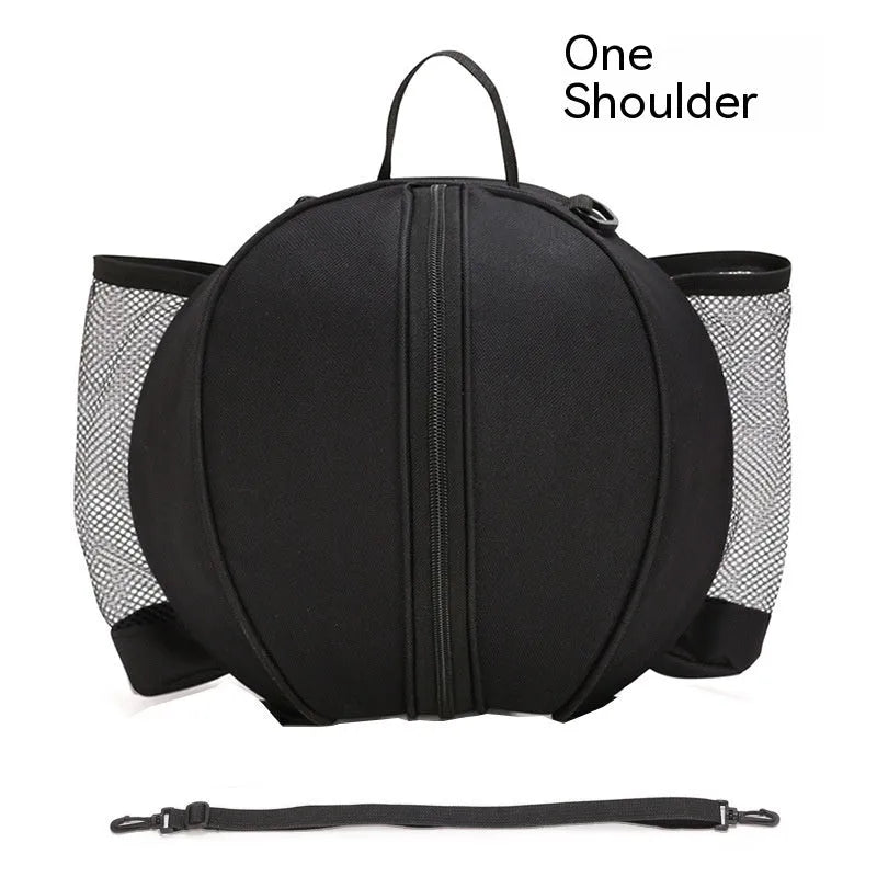 Black Oxford cloth basketball bag with one shoulder strap, shown next to a basketball.