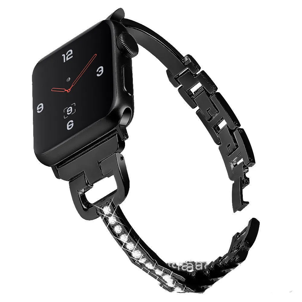 D-shaped metal diamond strap for Apple Watch in multiple colours on a grey background.