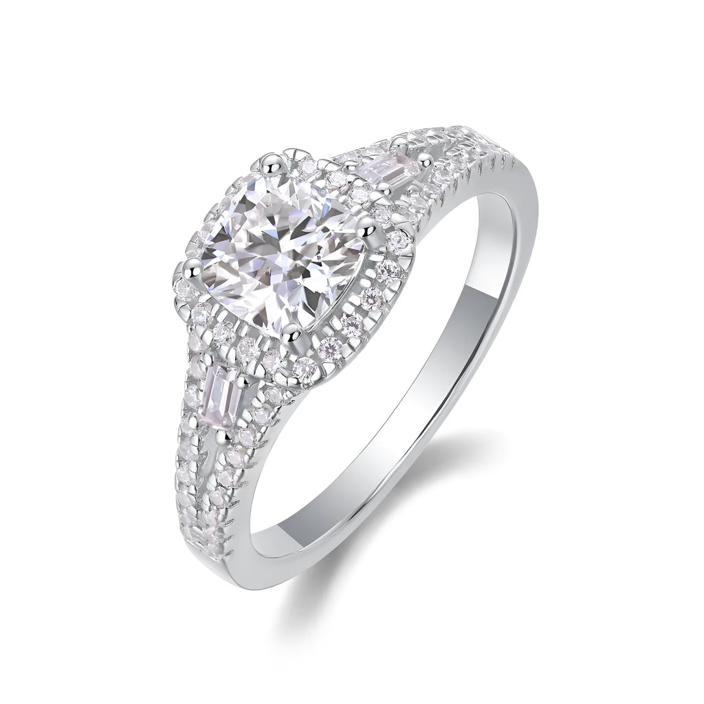 Day By Day moissanite wedding ring set with square 6x6mm stone, S925 silver band, platinum-plated, sizes 5-9, gift box