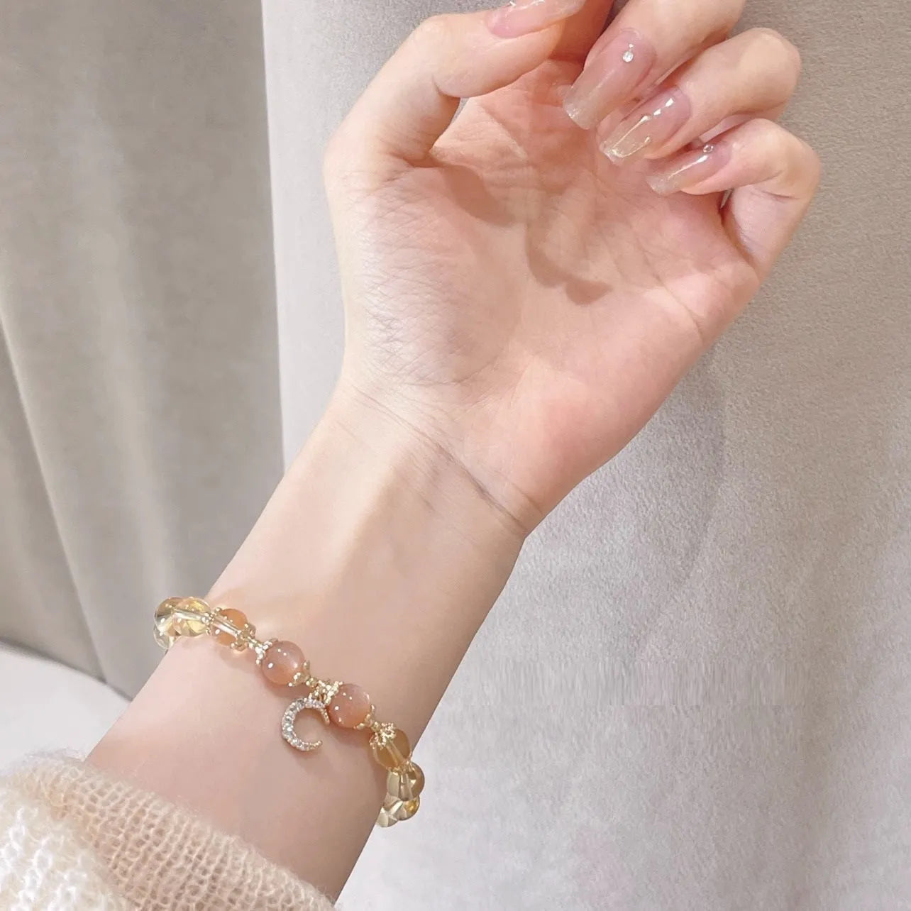 14K gold electroplated crystal bracelet with citrine moon stone and diamond-shaped charms in Chinese style